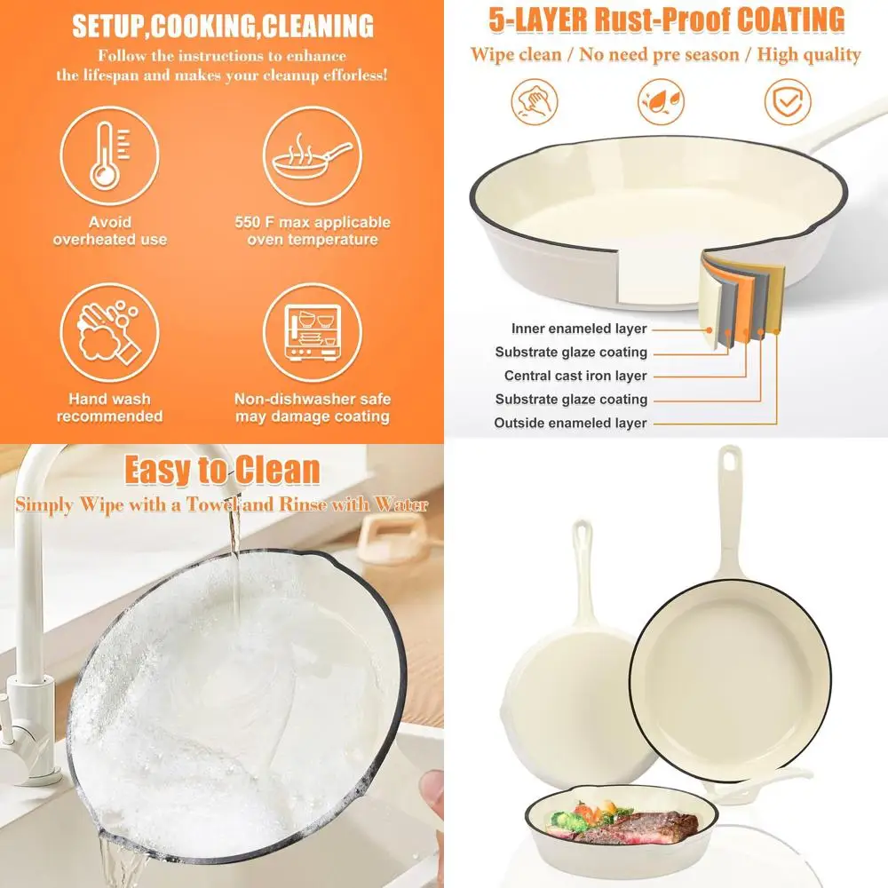 

3-Piece Cream White Enameled Cast Iron Fry Pan Set, 8-9.5-11, Safe for Oven & Induction, Suitable for All Stovetops
