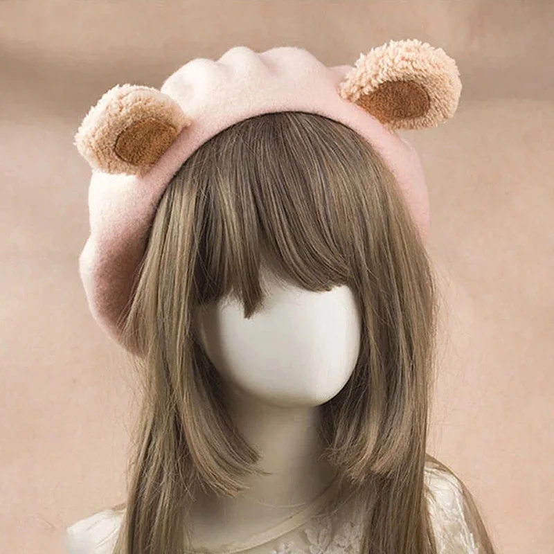 Japanese Style Lolita Girls Cute Bear Ear Beanies Women Casual Beret Hat Painter Hat Artist Cap Pink Bear Ear Beret Decor