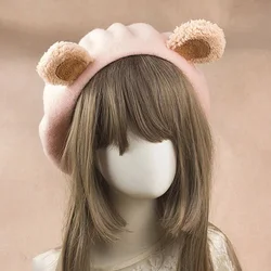 Japanischen Stil Lolita Mädchen Nette Bär Ohr Beanies Frauen Casual Baskenmütze Hut Maler Hut Künstler Kappe Rosa Bär Ohr Baskenmütze decor