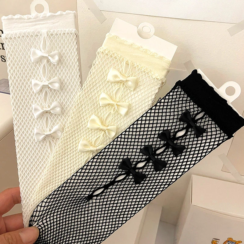 Bow Tie Lace Mesh Eye Stockings Girl'S Solid Color Thin Breathable Fishing Net Stockings Party Cosplay Accessory Gift