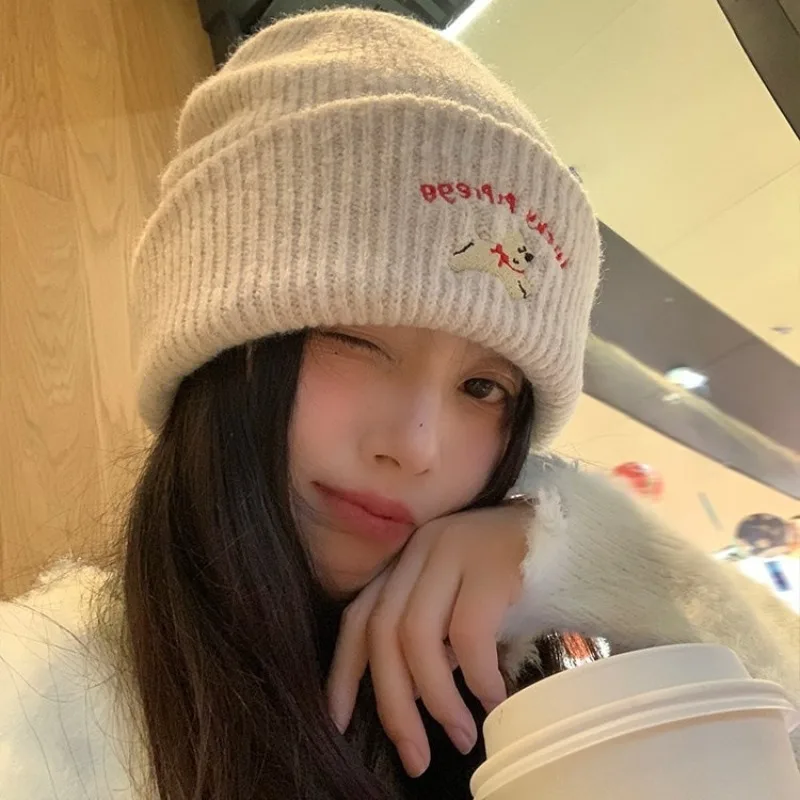 Knitted Beanie Hat Cute Puppy Embroidery Warm Protective Large Head Circumference Versatile Winter Hat for Women