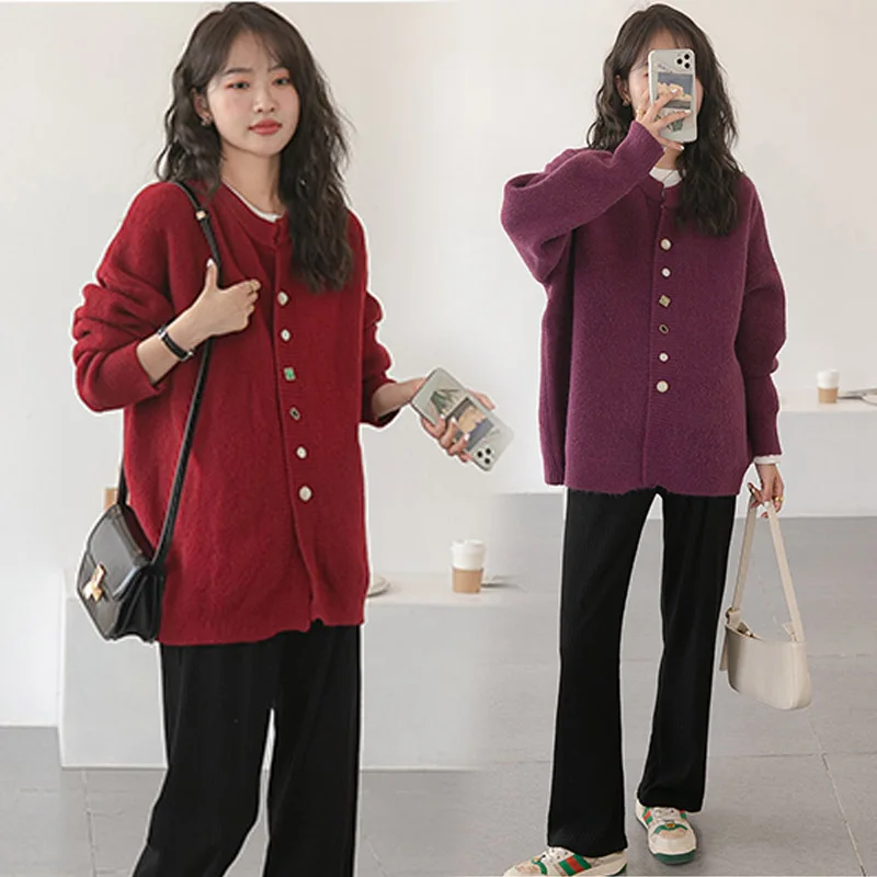 Red Sweaters for Women Knitted Maternity Sweaters Sweet Elegant Loose Cardigan Clothes for Pregnant Women Maternity Tops