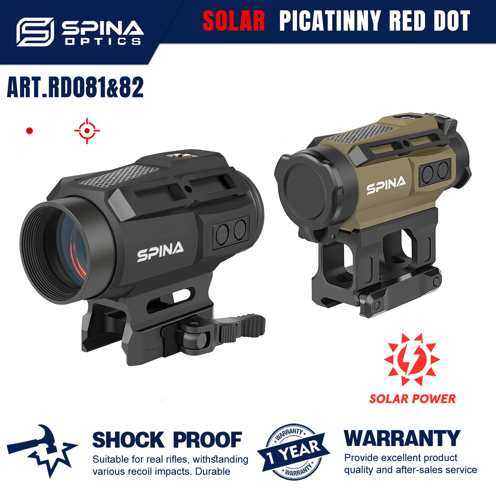 

SPINA OPTICS 1x20/30 Solar Energy Red Dot Scope Multi Reticles Optic Sight w Riser& low base For AR15 MK18 .556.308.7.62 etc