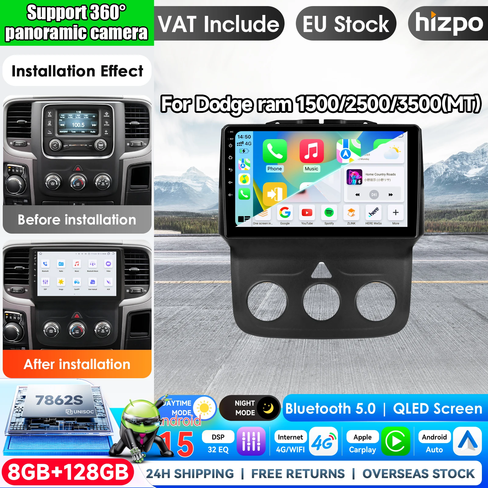 Image of Hizpo 9 Zoll Autoradio für Dodge RAM 1500 2500 3500 2013-2018, kabelloses Carplay, Android Auto Multimedia Videoplayer, 2 DIN Radio, Autoradio, GPS Stereo, intelligente Systeme, IPS Touchscreen Head