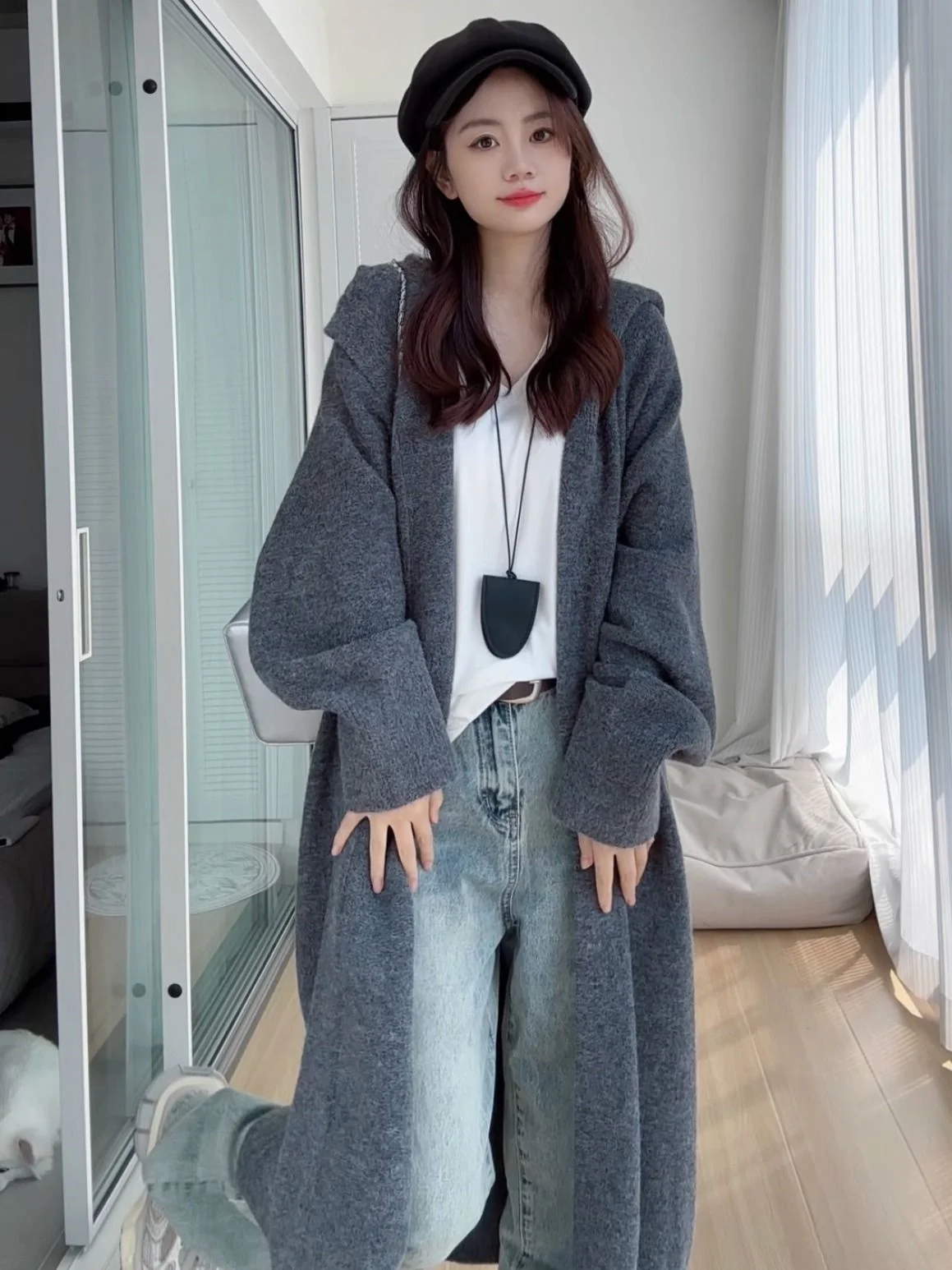 

Mid-Long Cardigans V Neck Womens Fall Knittig Comfortable Fleece Openknit Chic Pockets Sparkling Lettuce Fairycore Half-Zipper