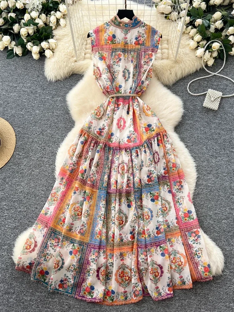 Summer France Elegant Vintage Evening Dress Women Print Pleated Sashes Button Long Party Dress Female Casual Holiday Clothing