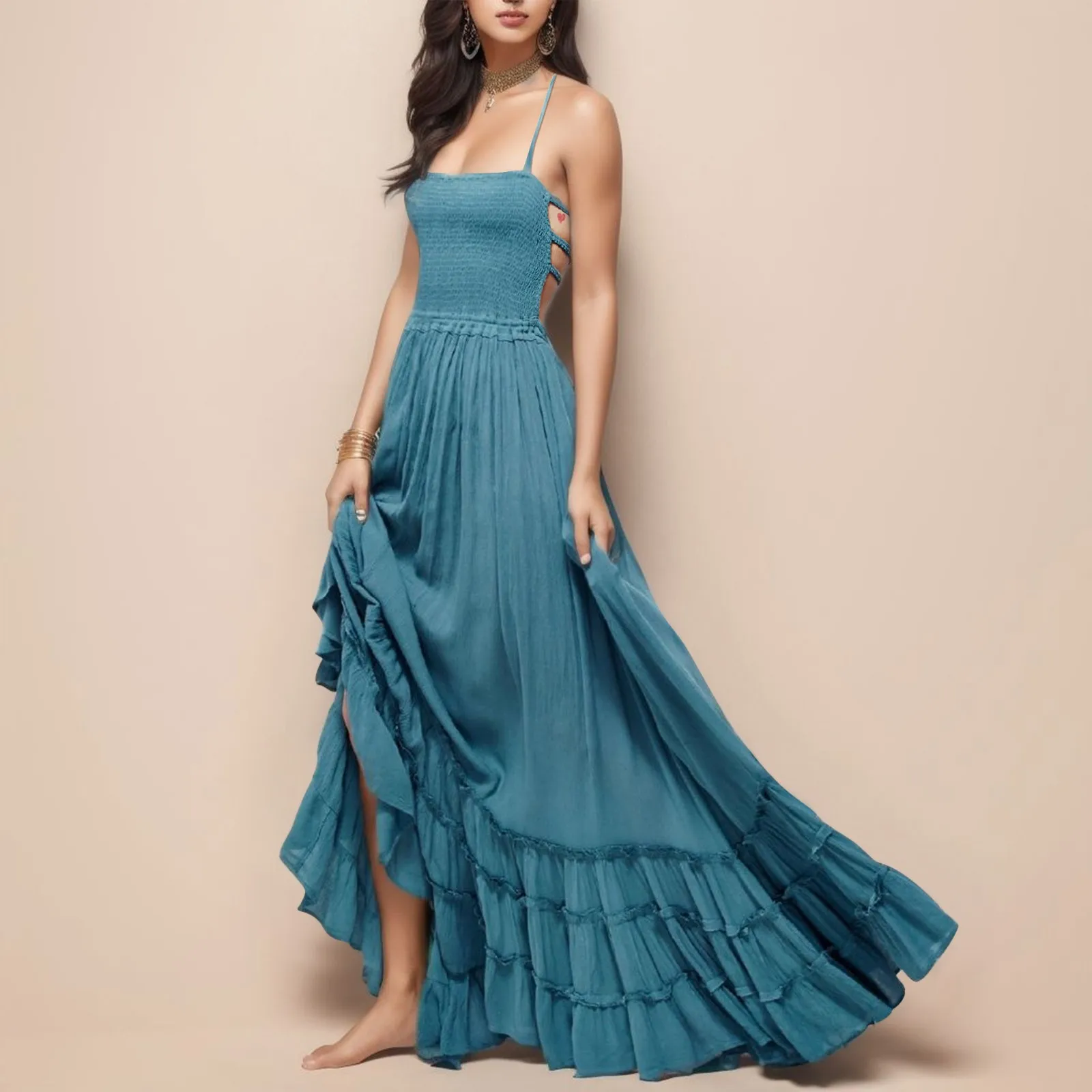 

Women Sexy Backless Dresses Solid Color Ruffles Hem Bohemian Holiday Ethnic Summer Long Dress 2023 Women Beach Party Dress