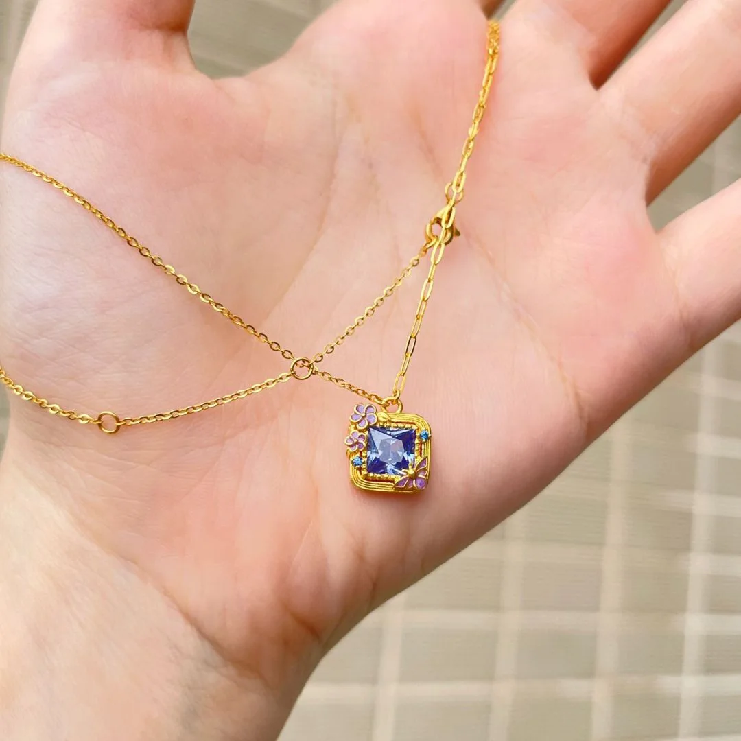 Elegant Gold Geometric Square Pendant Necklace For Women Sparkly Purple Blue Stone Dainty Floral Detail Delicate Clavicle Chain