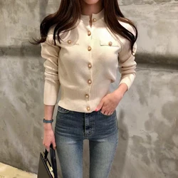 Autumn Long Sleeve Fashion Women Cardigans Sweater Knitted Coat Short Casual Single Breasted Korean Slim Chic Ladies Tops