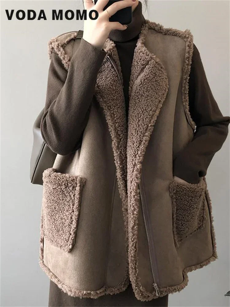 

Korean Autumn Winter Clothes Outerwear Warm Thick Top Women Jacket Elegant Imitation Lamb Fur Vest Loose Fashion Sleeveless Coat