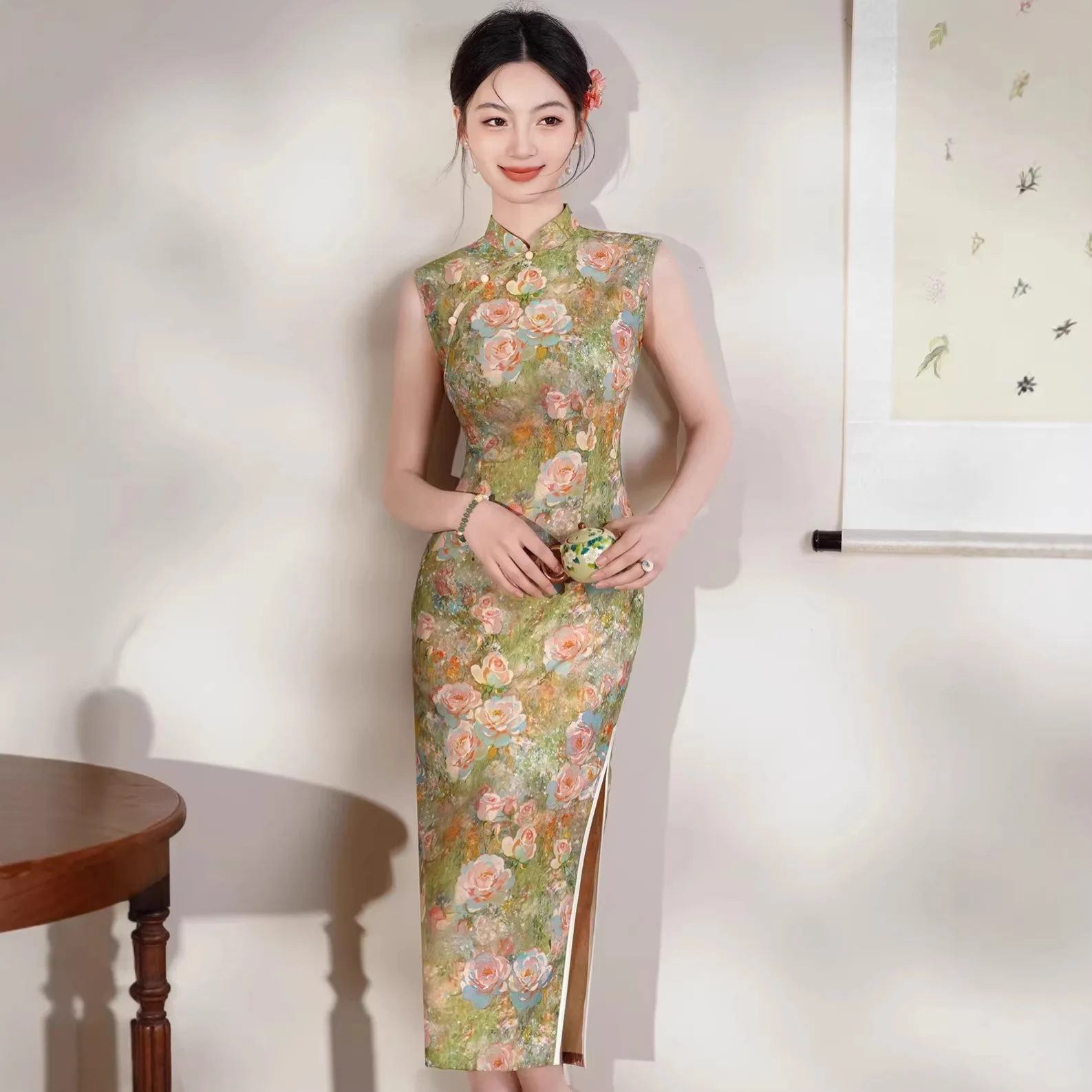 Spring Summer Chinese Style Cheongsam Green Floral Print Sleeveless Long Slit Qipao Slim Fit  Chinese Traditional Dress SW-034