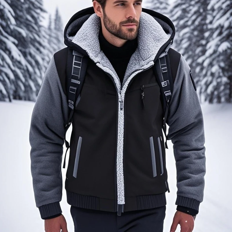 

Men's Fleece Lined Patchwork Jacket Winter Thicken Jackets for Men Cardigan Man Casual Zip Up Hoodies Streetwear Men Warm Coats