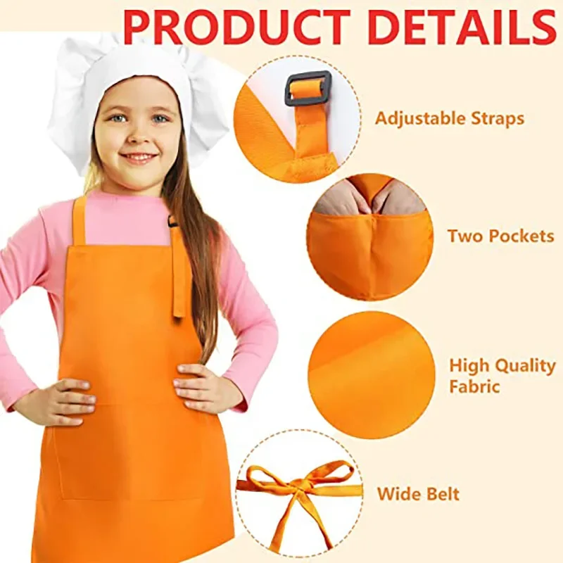 Children Baking Chef Apron Front Pocket Bib Boys Girls Apron Kitchen Craft Kids Apron Painting Cooking Baby Pinafore+Hat Sets