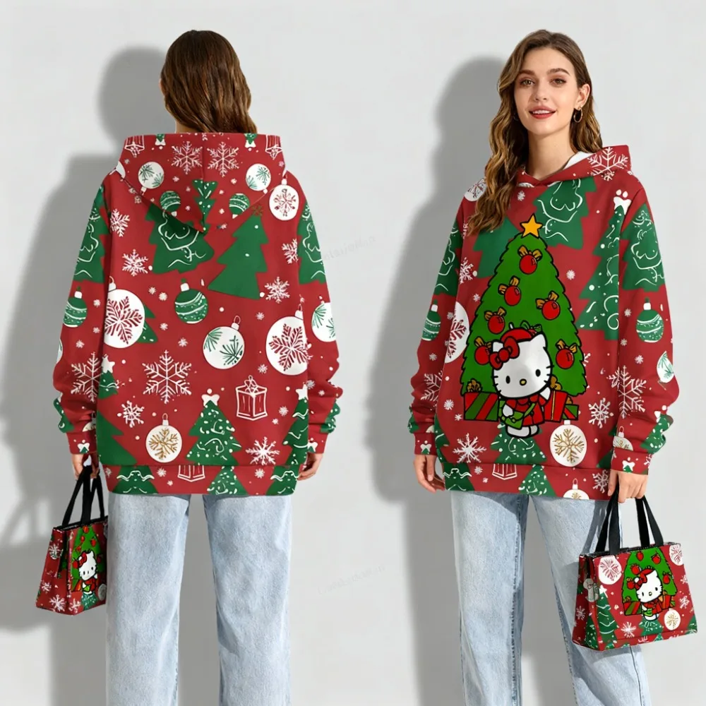 

Рождественская коллекция Hello Kitty, милая повседневная модная толстовка с капюшоном, модная уличная осенне-зимняя модная удобная женская толстовка