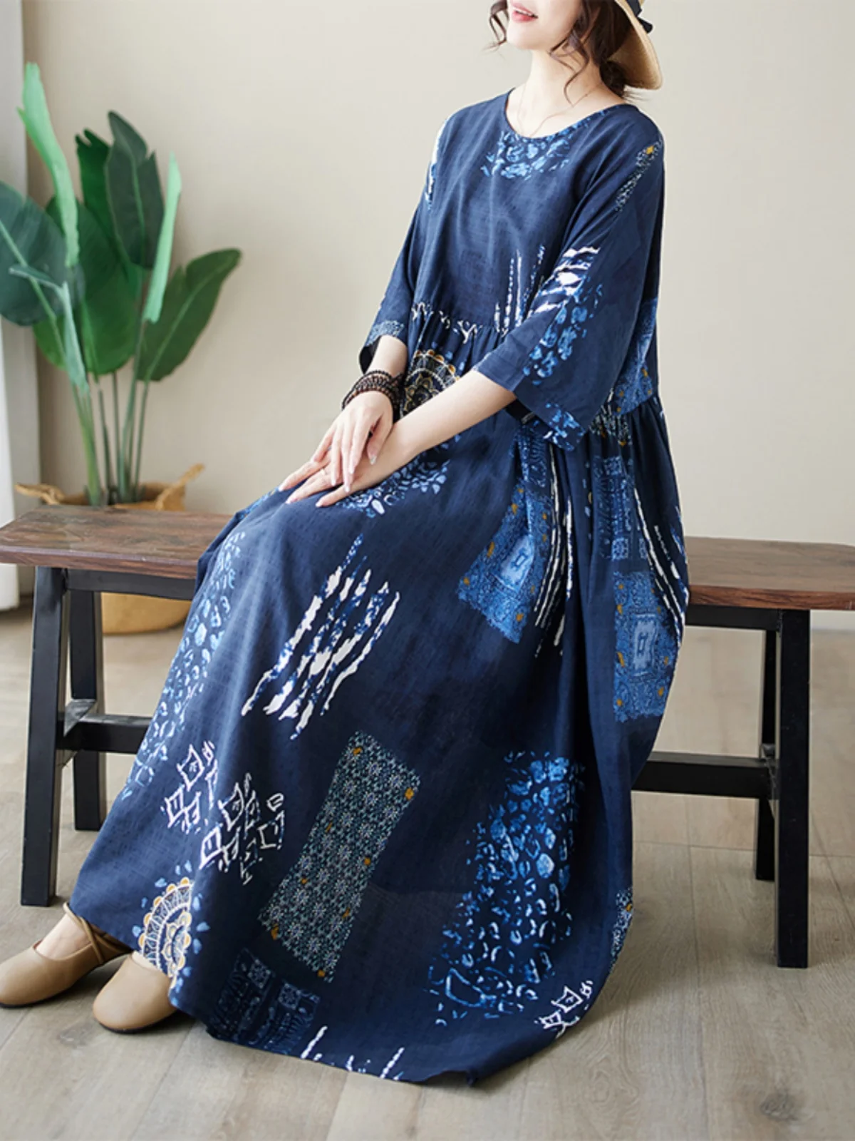 n ロング丈 ドクターサマー 薄手 コットンリネン ラウンドネック シンプル ストライプ柄 プラスサイズ レディース服