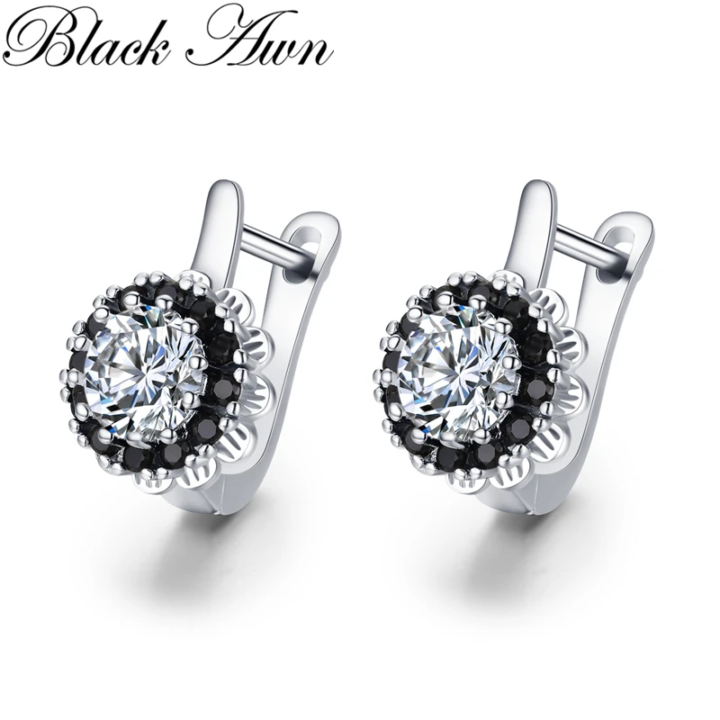 

Black Awn Silver Color Round Black Trendy Spinel Engagement Flower Hoop Earrings for Women Fashion Jewelry Bijoux I202