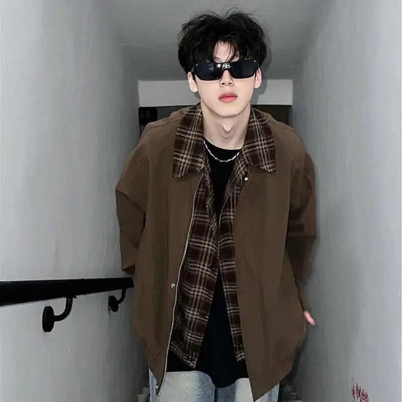 

Vintage Brown Jaet for Men Spring Fall Loose Fit Contrast Color Wear Resistant Nine Points Sve Side S ket Outerwear