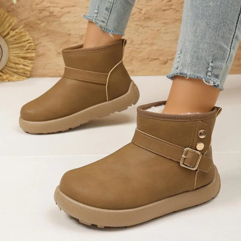 Fashion Metal Belt Buckle Women Ankle Boots Artificial Leather Soft Sole Winter Snow Boots Comfort Plush Platform Women Booties