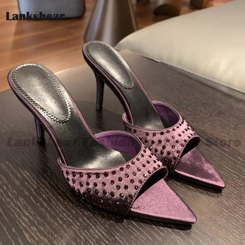 

Purple/black Satin Rhinestone Sandals Pointy Toe High Heel Slippers Summer Designer Women Shoes Elegant Sandalias De Mujer