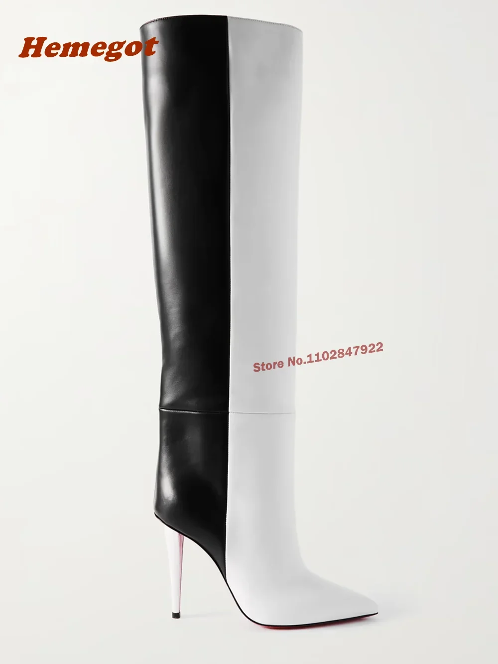 Two-Tone Leather Knee High Boots Stiletto Heels Pointy Toe Slip On Women's Boots Casual Newest 2024 Runway Shoes Sexy Winter