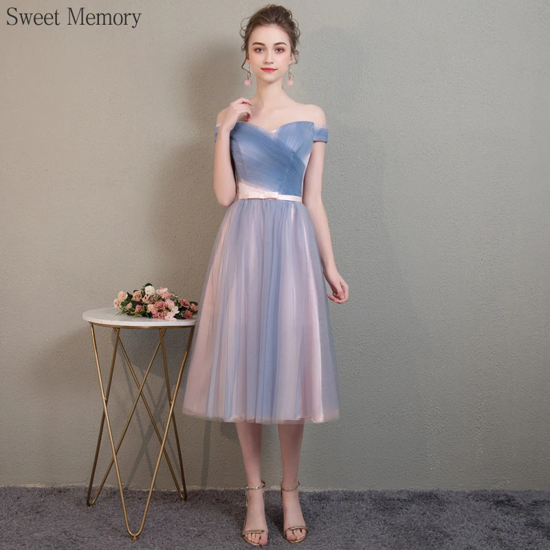 Reject Return M79 Wedding Party Dress Grey Blue Tulle Mesh Net And Pink Satin Knee-Length Bridesmaid Dresses