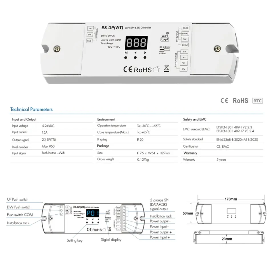 ES-DP(WT) DC5V-24V Tuya WiFi SPI Controller Dual Push Button Stair Light Controller for WS2812 WS2811 RGB or White Strip Light
