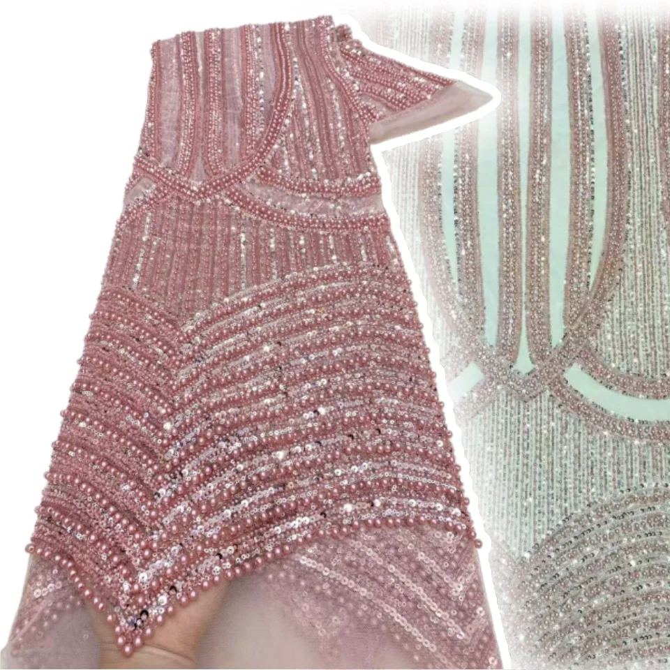 

African Sequins Beaded Lace Fabric Nigerian Groom Embroidery High Quality French Tulle Lace Fabric for Bridal Wedding CC1300