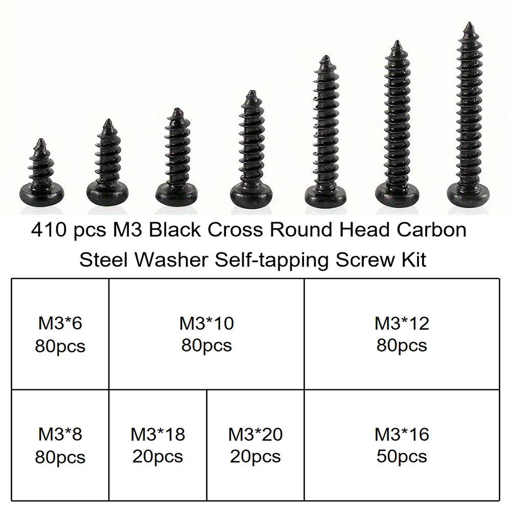 410 Pcs M2 Black High-Strength Self-Tapping Screw Set - 7 Sizes for Home Improvement, Plastics, Wood, and Soft Metals