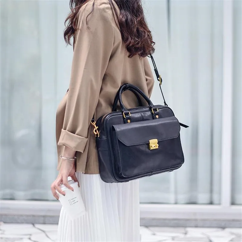 Business travel high quality genuine leather women's briefcase fashion outdoor daily work real cowhide handmade computer handbag