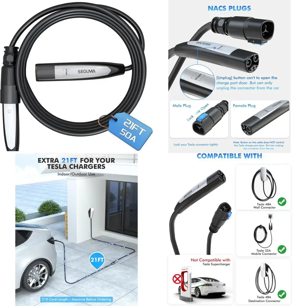 

Удлинительный кабель зарядного устройства для электромобилей для зарядного устройства Tesla, 50 А, 21 футов, макс. 240 В, 12 кВт с вилкой NACS, удлинитель электромобилей для уровня 1/2 Tesla Mob