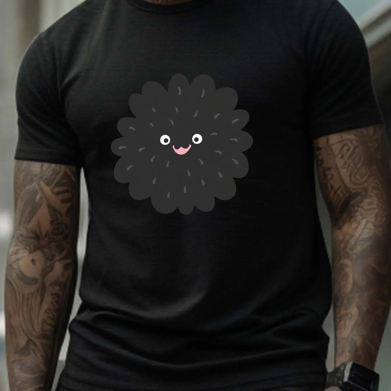 Men's 100% Cotton Black T-Shirt Cute Smiling Fuzzy Character Graphic Comfortable Casual Wear Fun and Soft Tee