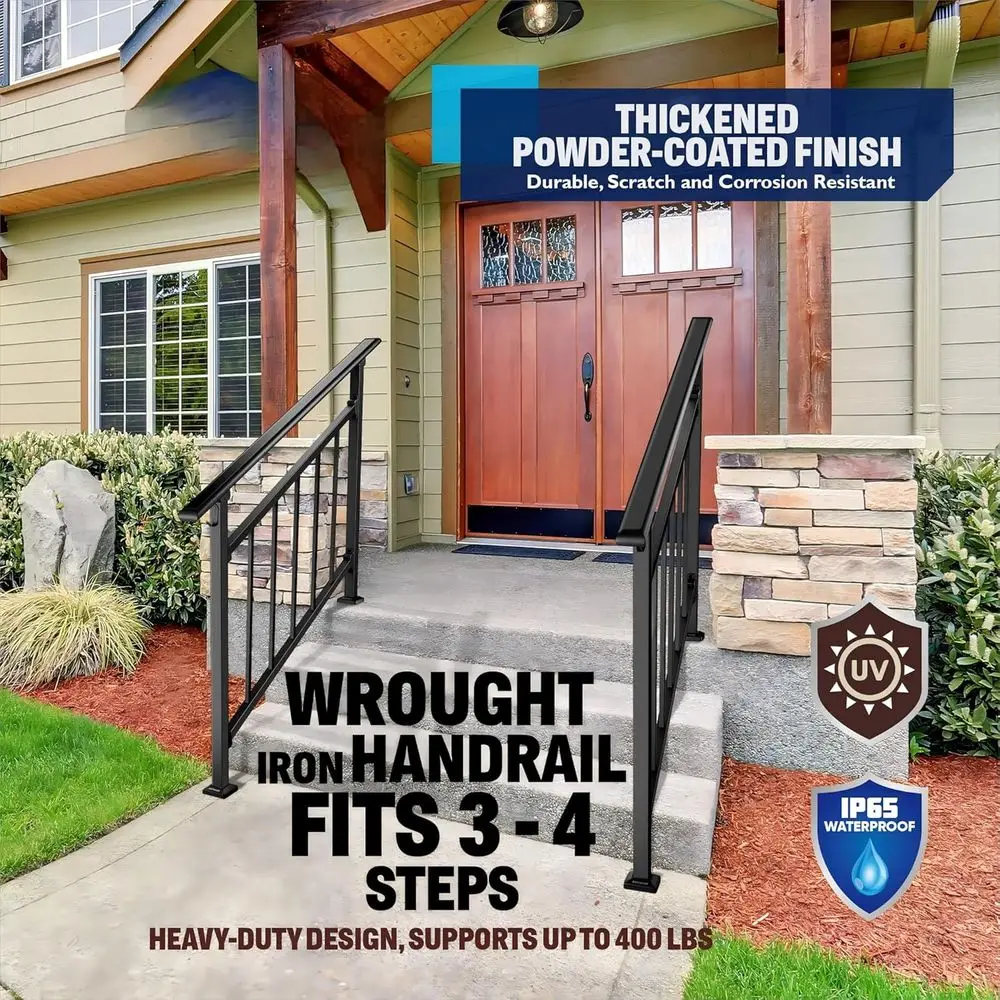 4 Steps Outdoor Handrails, Black Wrought Iron Railing for Exterior Steps, Transitional Balusters, Hook & Kit for Concrete or Woo