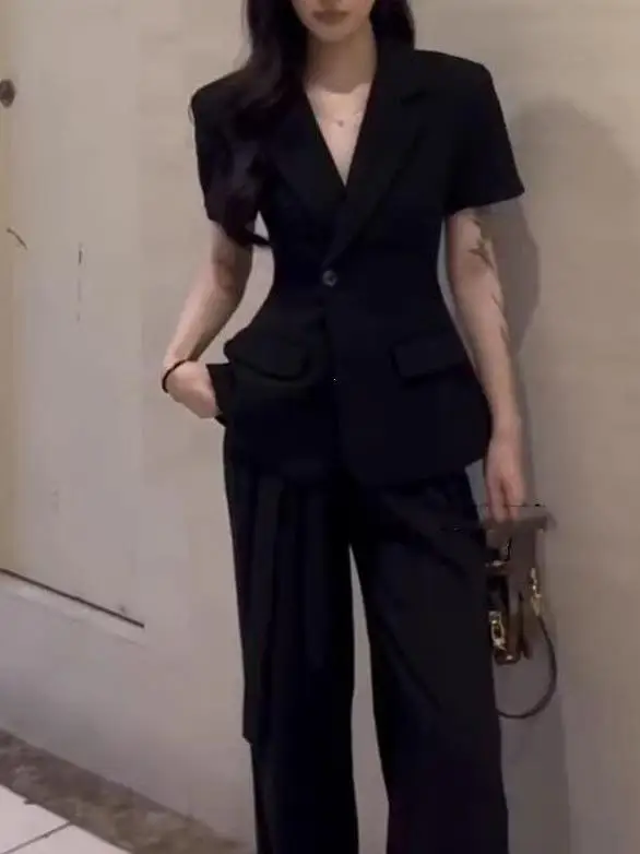 Korean Style Business Short Sleeve Suit Jacket High Waist Slimming High-End Feelings Versatile Casual Wide Leg Pants