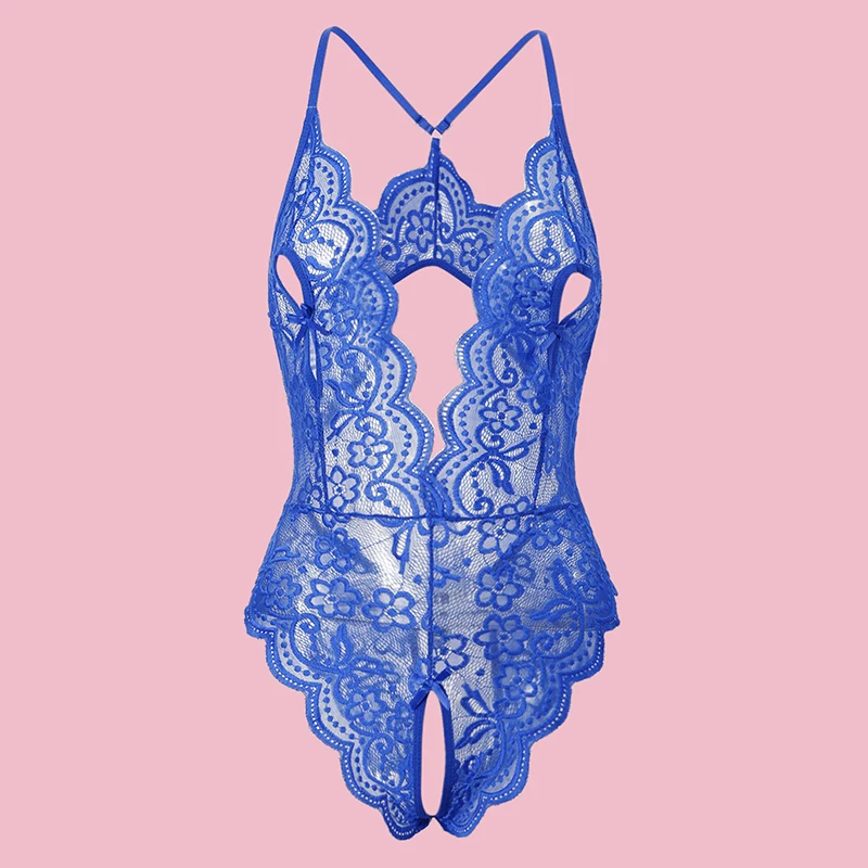 Translucent Blue Lace Sling Sexy Crotchless Bodysuit Tight Corset Deep V Open Bow Bra Lingerie Backless Pajamas Erotic Costumes