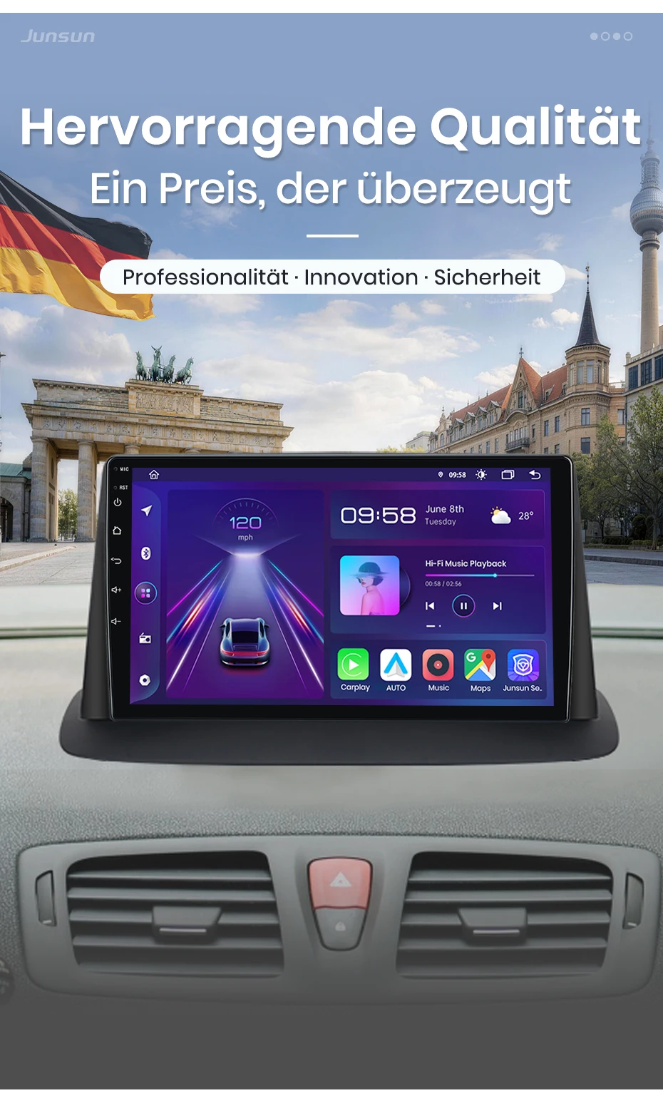 Junsun 9-Zoll Android 15 Autoradio für Renault Megane 3 Fluence Samsung SM3 2008-2014, kabelloses Apple CarPlay, Auto-IPS-Bildschirm, Stereo-Multimedia-Videoplayer, intelligente Fahrzeugsysteme, 2-DIN-Autoradio-Hauptei – Detail 3