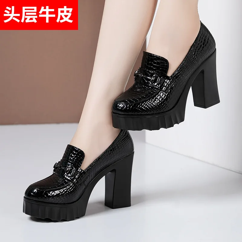 Plus Size 32-43 Genuine Leather Block Heels Pumps Women Platform Shoes 2022 Spring Fall High Heels Elegant Office Model Shoes