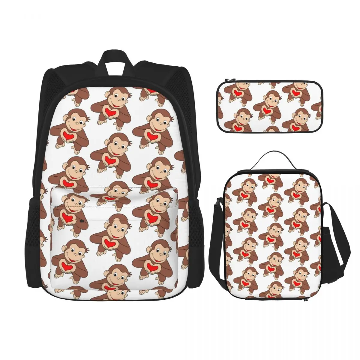 

Curious George Is All Heart Backpacks Boys Girls Bookbag Students School Bags Kids Rucksack Lunch Bag Pen Bag Three-Piece Set