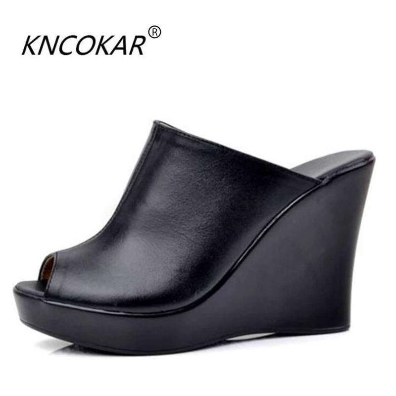 KNCOKARSlope and slippers female real leather summer heavy bottom fish mouth sandals anti-skid shoes outdoor waterproof plat