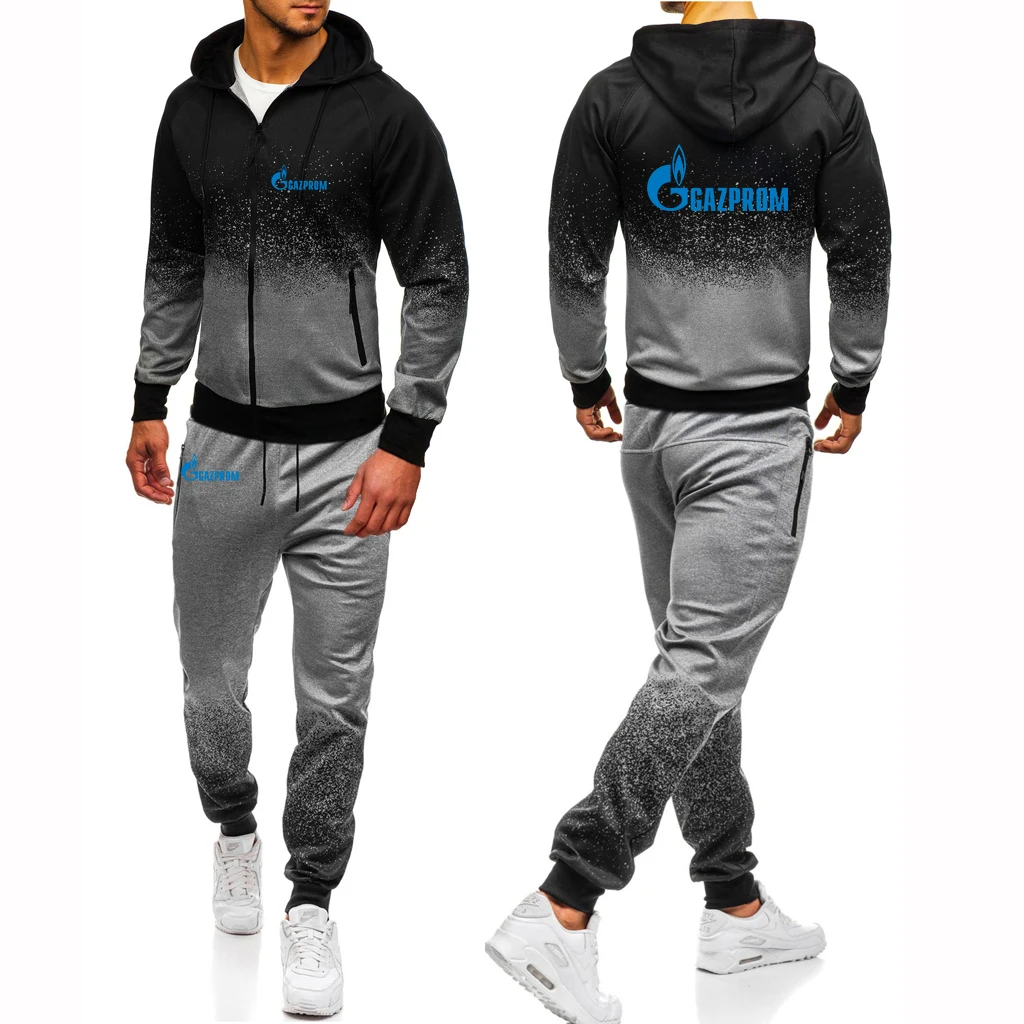

Russia Gazprom 2024 Men New Spring Autumn Hoodie Zipper Coats Sweatpant Sets Harajuku Comfortabe Printing Gradient Color Suit