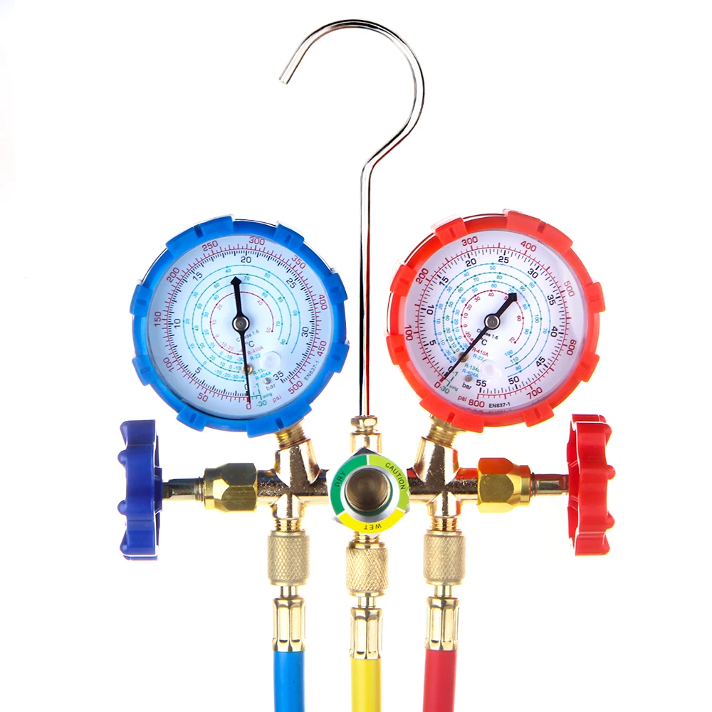 Air Conditioning Pressure Gauge with Hose and Hook 3 Way AC Diagnostic Manifold Gauge Set for Freon For R12 R22 R404A R134a