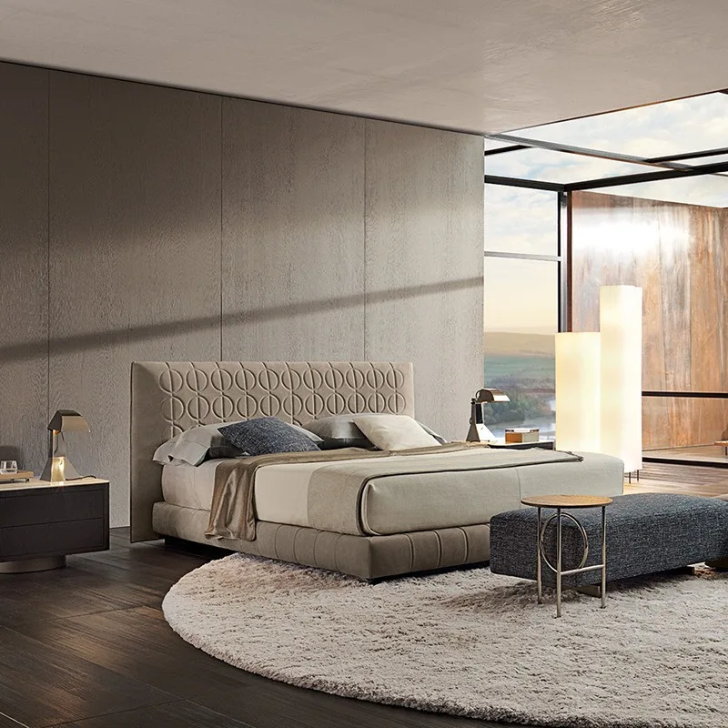 Italian minimalist high-end matte fabric bed, master bedroom light luxury villa leather printing bed, double wedding bed, copper