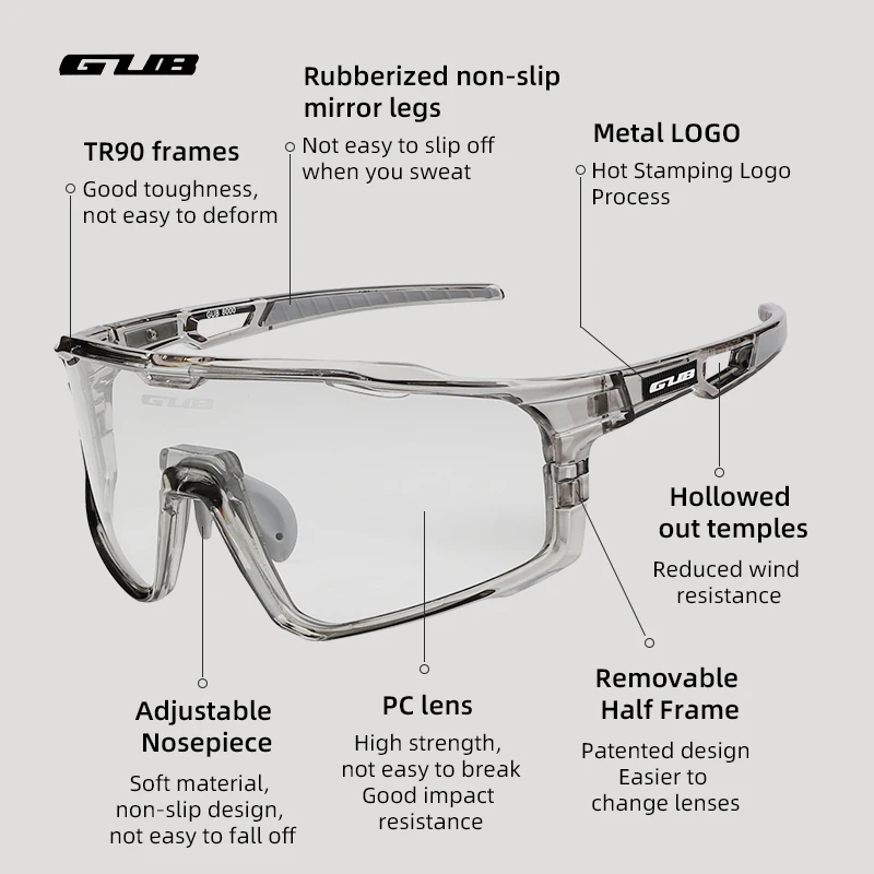GUB 8000 Cycling Eyewear Goggle Photochromic & Polarized UV400 Sports Sunglasses PC Lens TR90 Frame Adjustable Bike Glasses