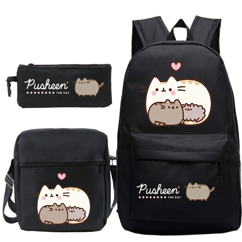 Mochila con estampado de dibujos animados para niños y niñas, bolso de hombro con diseño de gato, estuche para lápices, mochila escolar para estudiantes, 3 unidades por juego