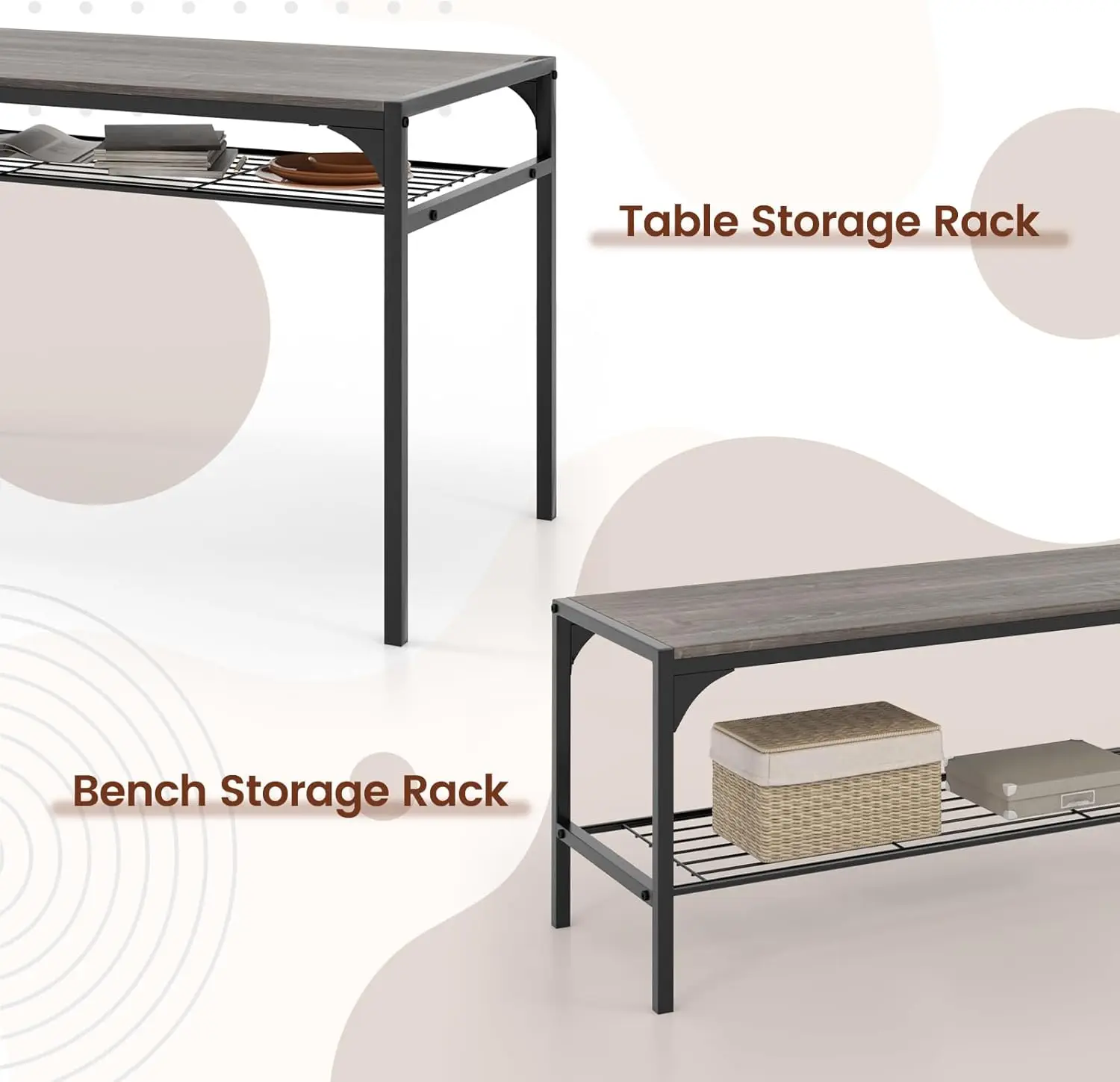 Pieces Dining Table Set, Kitchen Table and 2 Chairs for 4 with Bench, Storage Racks, Metal Frame & Space-saving Design, Industri