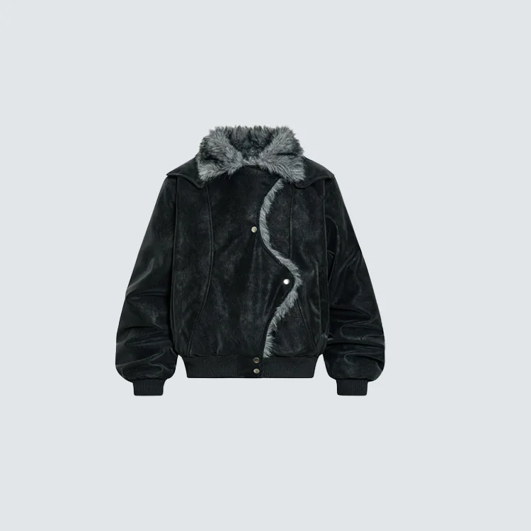 American Retro Leather Fur Collar Cotton Jacket With Irregular Diagonal Buttons Thickened Warm Cotton Seat Mountain Carving