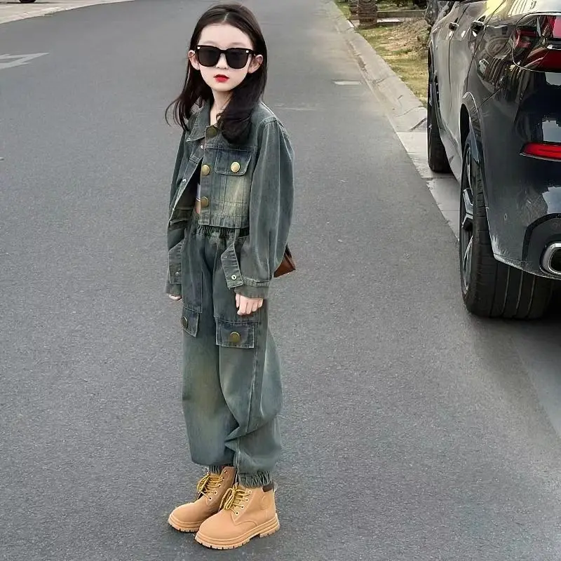 Kids Girls Denim Clothes Suits European American 2024 New Long Sleeved short Jacket+ Jeans 2pcs Children Girl Set Outfit 5