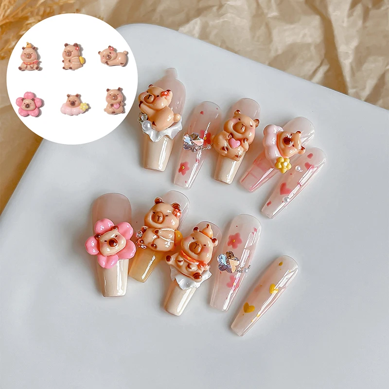 5PCS Cartoon Nail Art Accessories Soft Cute Brown Capybara Resin Nails Charms DIY Kawaii Nail Decorations Supplies