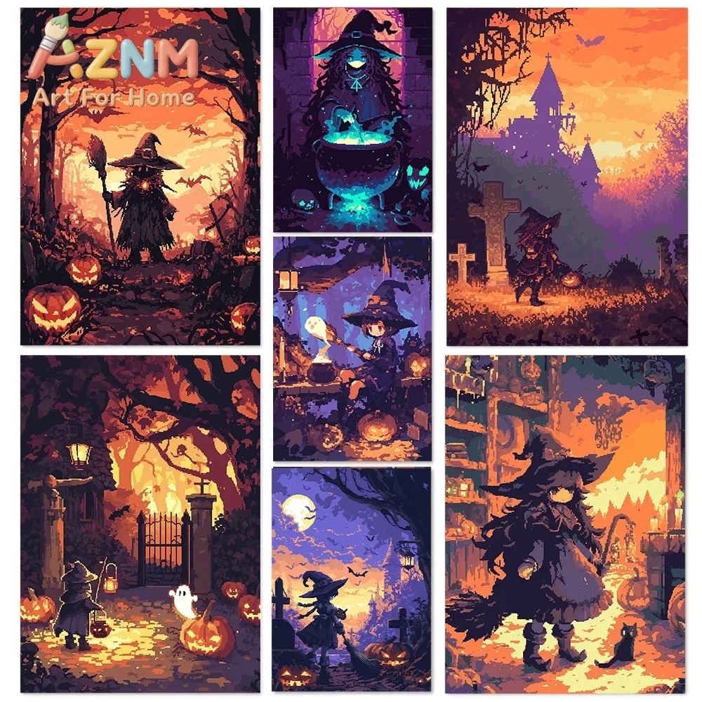 Pixel Witch Pumpkin Halloween Potion Castle Posters and Prints Canvas Painting Wall Art Pictures Home Room Modern Travel Decor