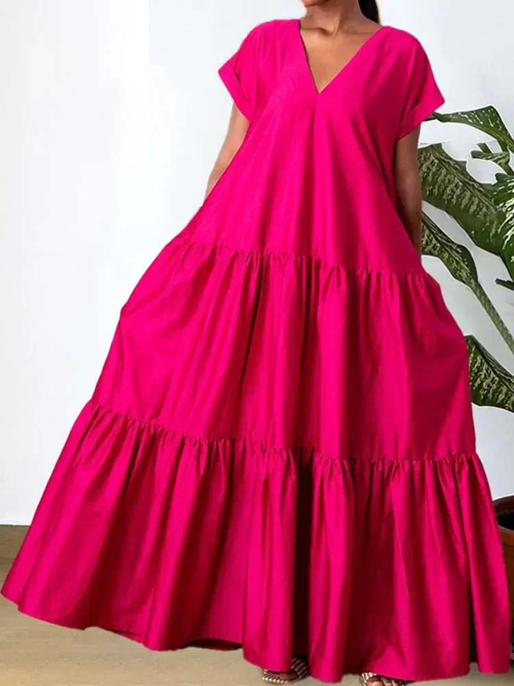 Übergroßes, lockeres Maxikleid für Damen, Urlaub, V-Ausschnitt, kurze Ärmel, gerade Rüschen, Urlaub, A-Linie, Party, lange Kleider, Vestidos Longos