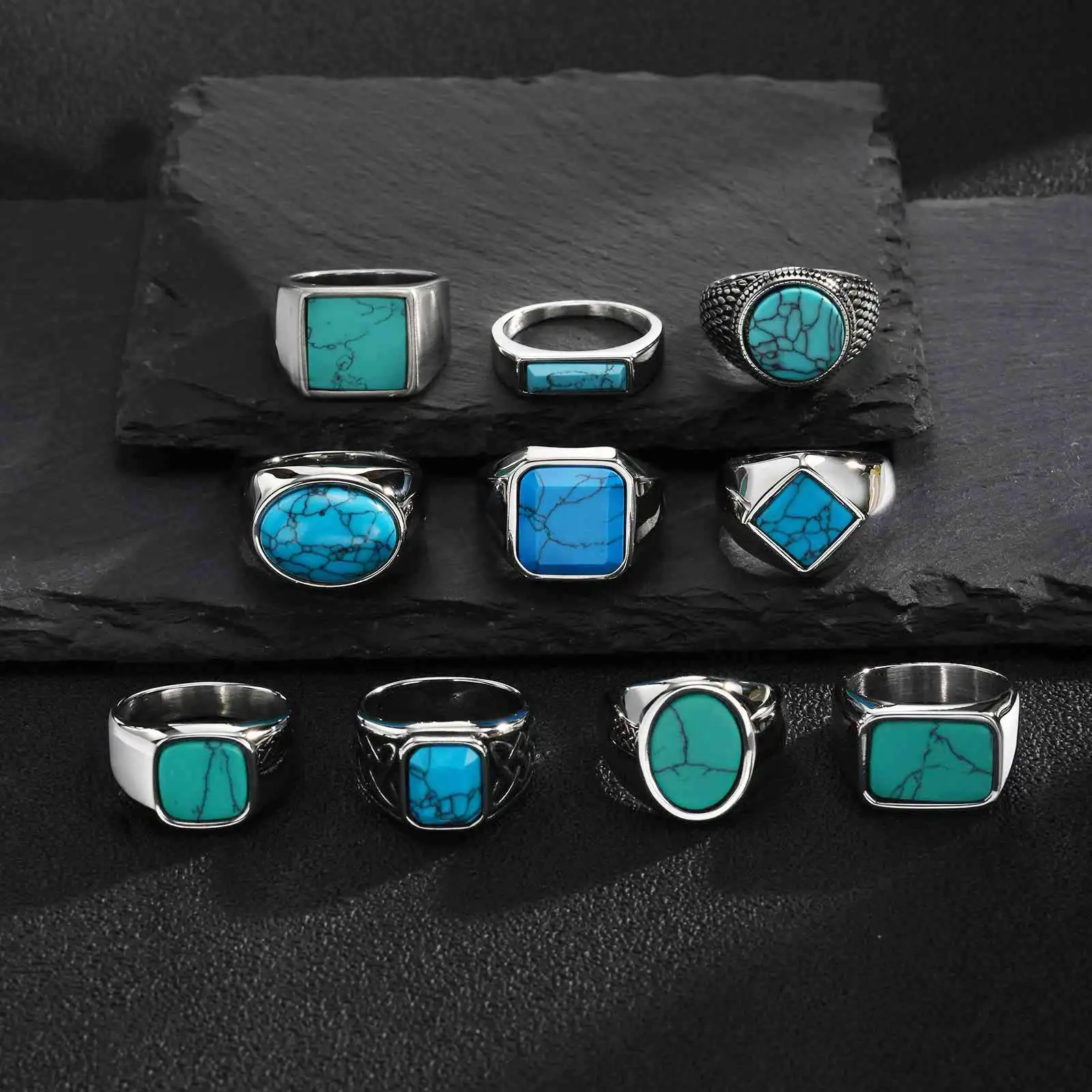 Vnox Herren-Siegelring mit Türkis-Stein, Retro Edelstahl Quadratischer Ovaler Fingerring, Western Vintage Punk Schmuck Geschenk für Männer – Detail 7